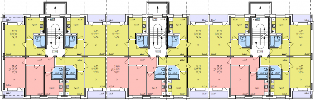 План типового этажа многоквартирного трехэтажного жилого дома повторного применения МКД 3.6
