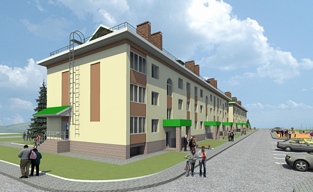 Визуализация фасада многоквартирного трехэтажного жилого дома повторного применения МКД 3.4