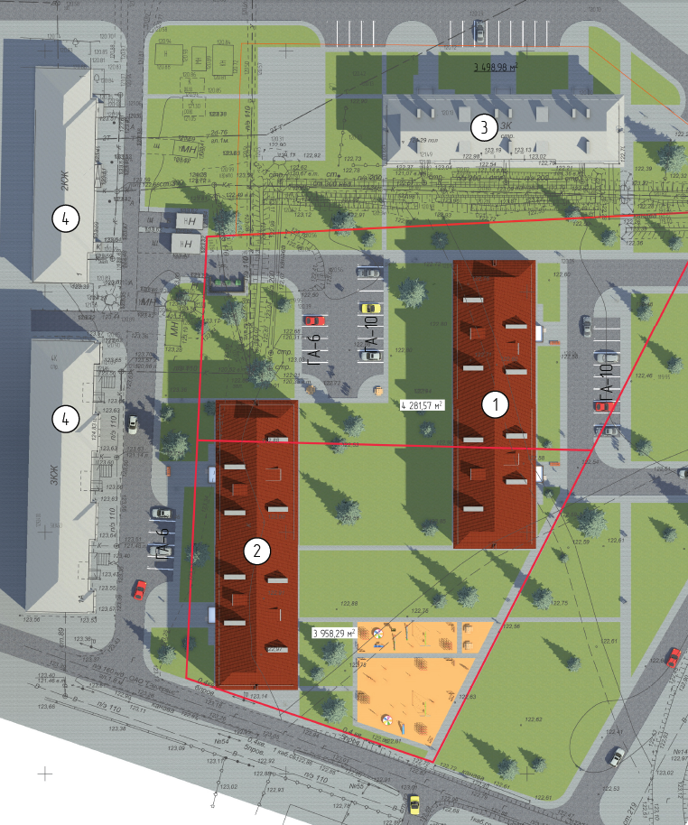 Схема размещения блок-секций многоквартирного трехэтажного жилого дома на земельном участке проект 3.7