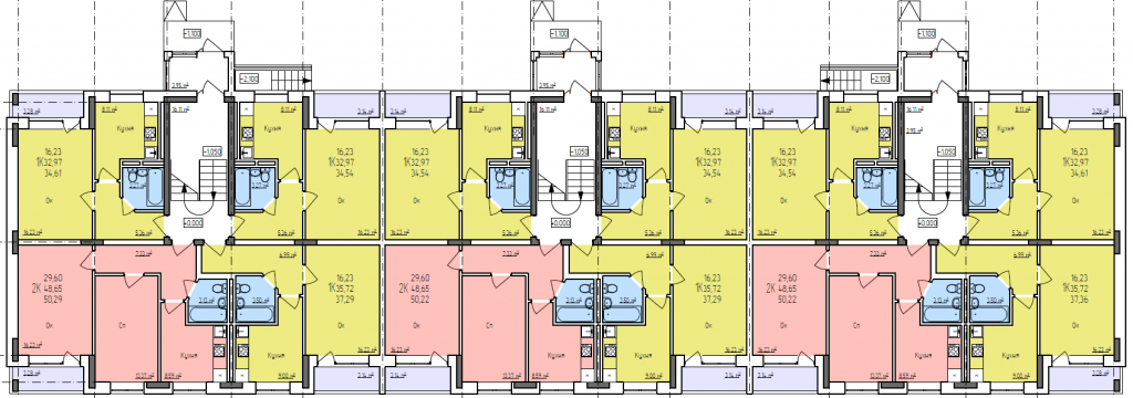 План первого этажа многоквартирного трехэтажного жилого дома повторного применения МКД 3.6