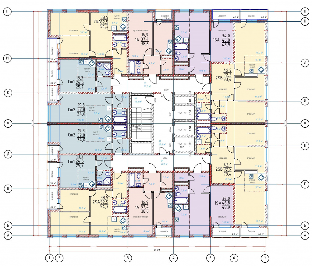 Готовый проект 26 этажного многоквартирного жилого дома - план типового этажа