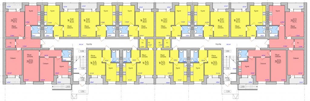 План первого этажа многоквартирного трехэтажного двухсекционного жилого дома повторного применения МКД 3.7