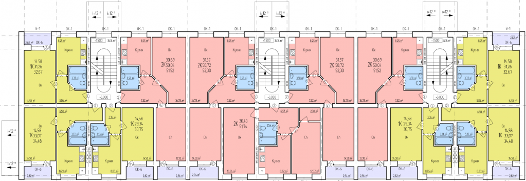 План типового этажа многоквартирного трехэтажного жилого дома повторного применения МКД 3.4