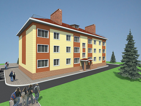 Визуализация фасада многоквартирного трехэтажного жилого дома повторного применения МКД 3.5